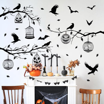 Halloween Wall Decals Black Tree Branches Bat Wall Stickers Large Removable Halloween Wall Clings Decor DIY Art for Home Wall Window Door
