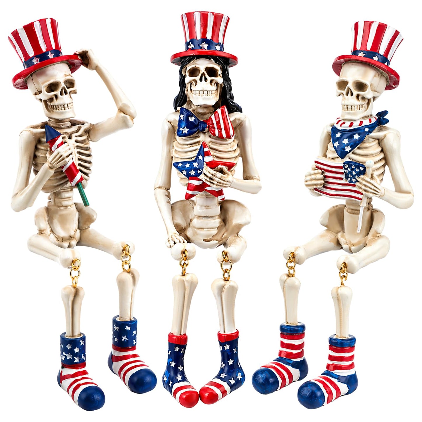 Soulchen 3 Pcs 4th of July Decorations Patriotic Skeleton Table Decor Skeleton Figurines Blue Red White American Flag Tabletop Decor for 250th Independence Day, Home Office Indoor Outdoor Party