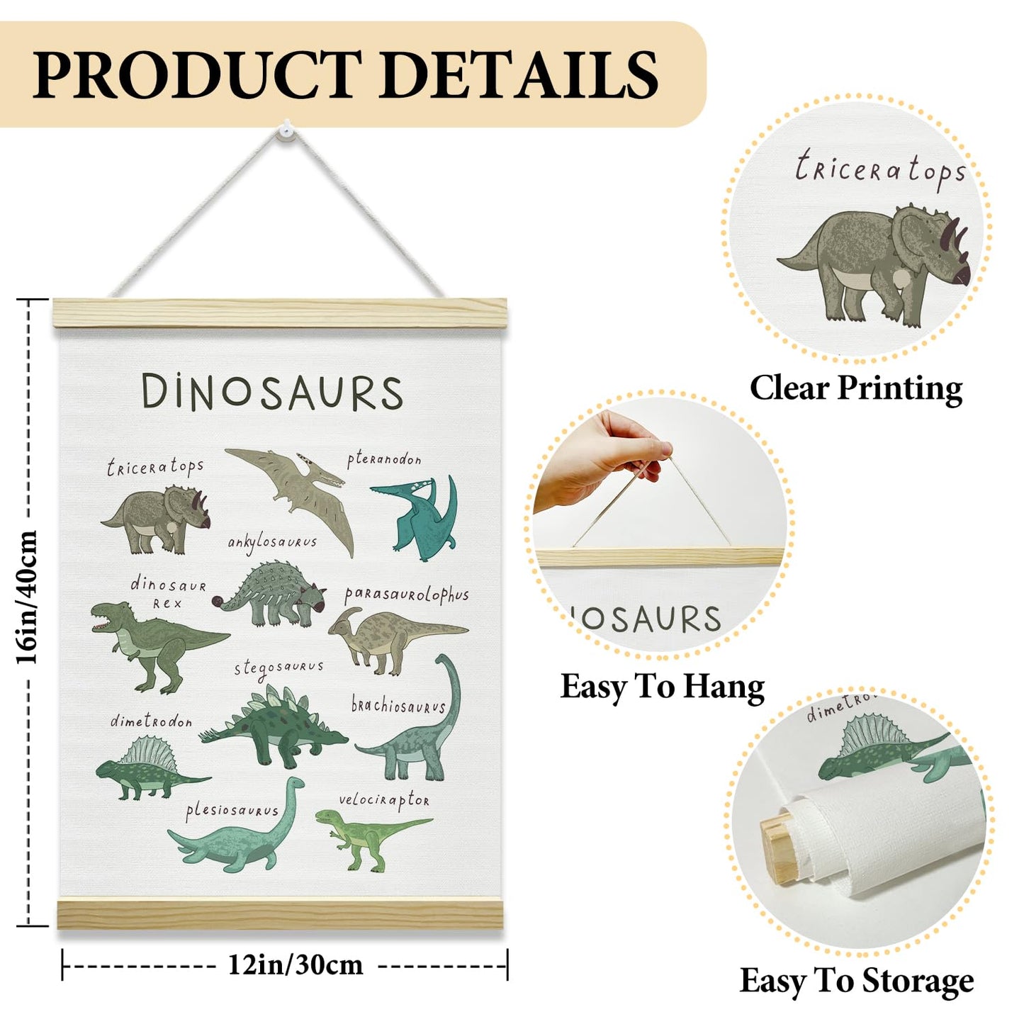 Nopoben Dinosaurs Poster Hanger Frame, Animal Prints Wall Art With Wooden Poster Hanger, Educational Animals Wall Decor, Kids Room Nursery Bedroom Decor(12x16 Inches)-19