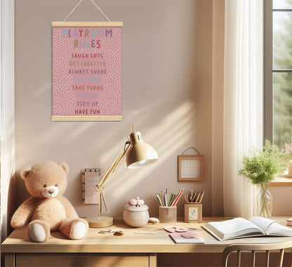 Playroom Kids Tollder Room Wall Decor, Play Room Rules Wall Decor for Kids Play Game Room Bedroom Nursery Home School Playroom Essentials, Canvas Hanging Banner Wood Poster Frameds(pink)
