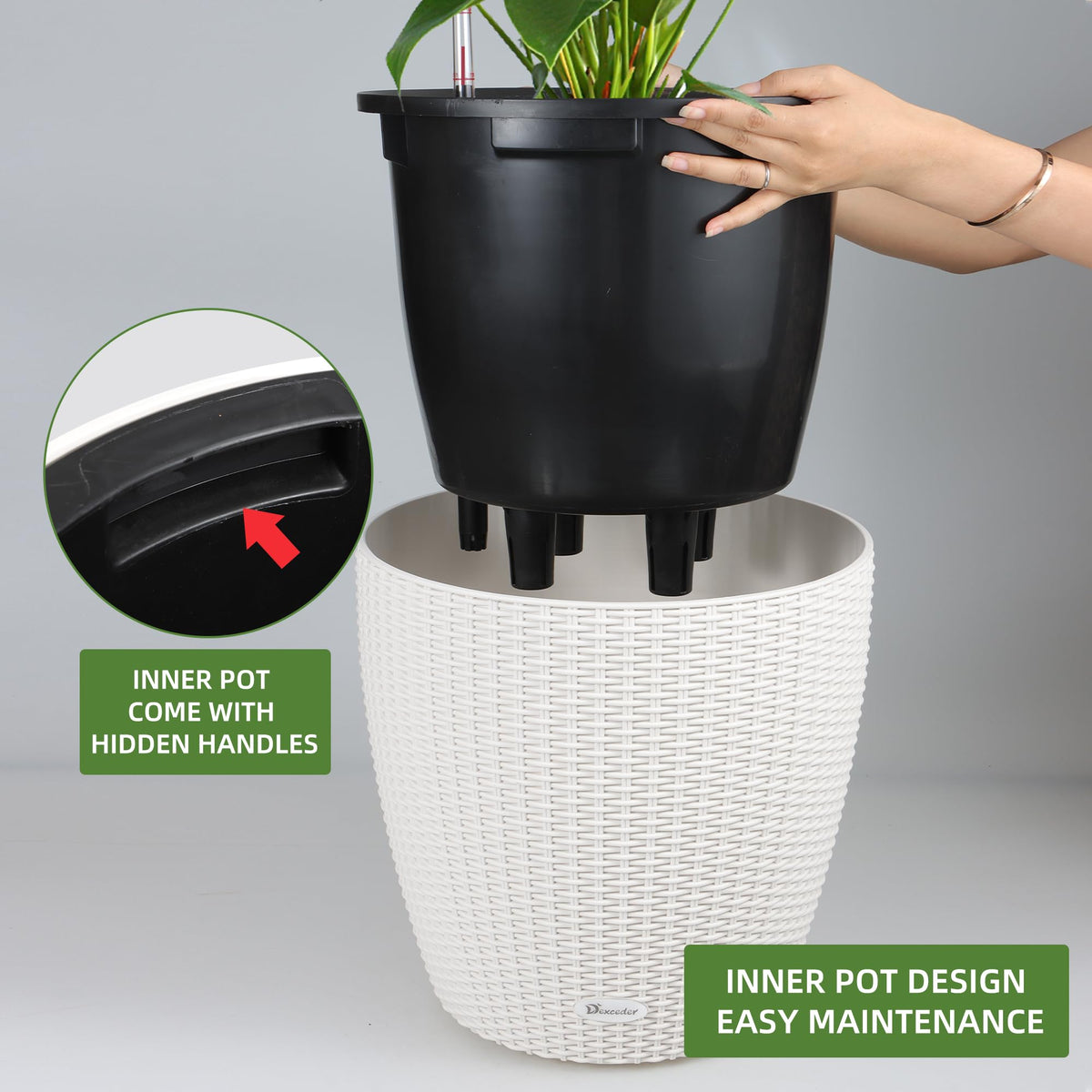 Dexceder 18x17 Inches Rattan Self Watering Planter Indoor Outdoor, Inner Pot Design, Thickened Table Flower Plant Pot with Water Level Indicator (Ivory White)