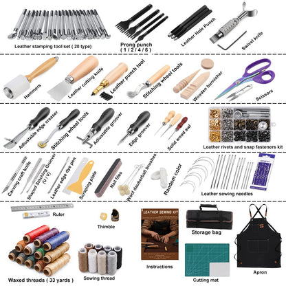 Tikjiua 456Pcs Leather Working Tools with Apron and Tooling Bag, Leather Craft Kit with Tools for Stamping, Carving, Sewing, Beveling, Cutting, Crafting