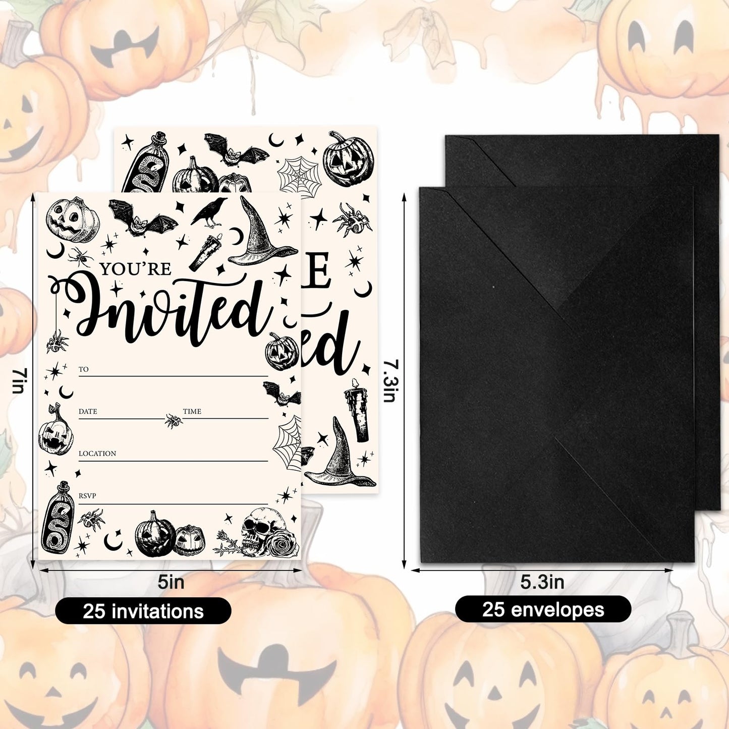 JarThenaAMCS 25 Sets Halloween Party Invitations with Envelopes Stickers Beige Black Pumpkin Skull Spider Invites for Halloween Celebration, 5 x 7 Inch