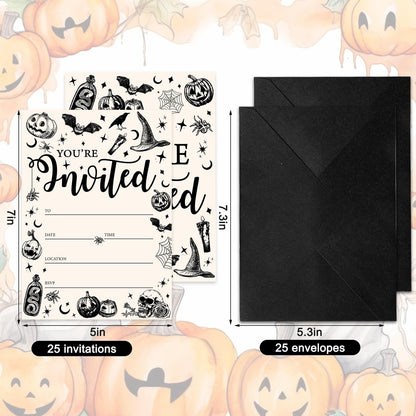 JarThenaAMCS 25 Sets Halloween Party Invitations with Envelopes Stickers Beige Black Pumpkin Skull Spider Invites for Halloween Celebration, 5 x 7 Inch