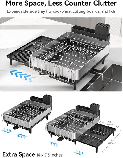 SUNLY Large Dish Drying Rack, Expandable Dish Rack for Kitchen Counter, 304 Stainless Steel Space Saving Dish Drainer with Multifunctional Flip Up Pegs