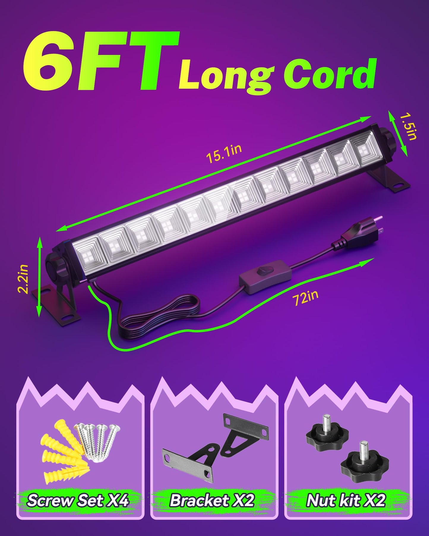 2 Pack 42W LED Black Light Bar, Blacklight with 6FT Cord+Switch+Plug, Glow in The Dark Black Lights Party Supplies for Halloween Decorations, Fluorescent Poster, Body Paint, Classroom, Bedroom