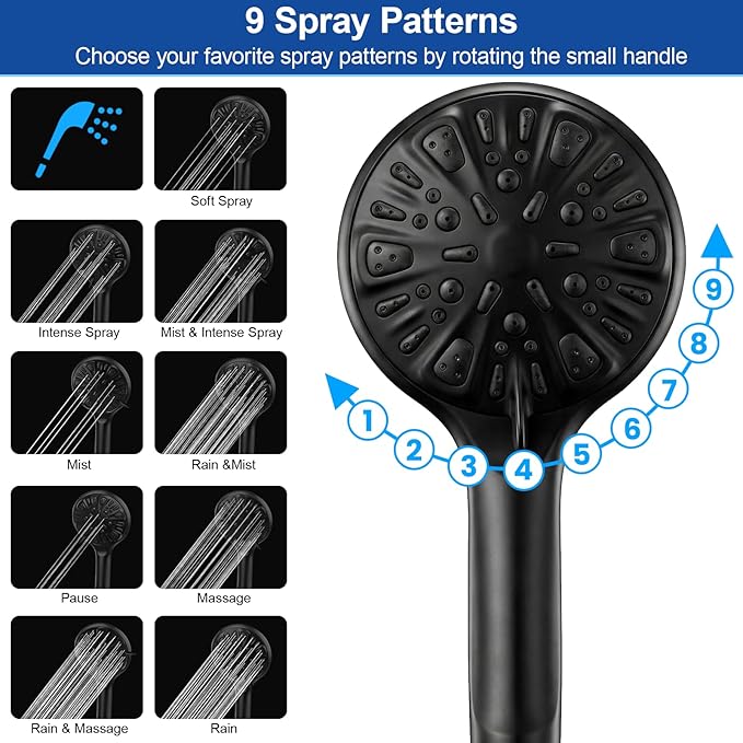 Shower Head, 12‘’ High Pressure Rainfall/Handheld Shower Combo with 11'' Extension Arm, 9 Settings, Anti-leak Shower Head with Holder, Height/Angle Adjustable, Matte Black