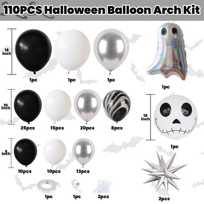 Halloween Balloon Arch Kit,110Pcs Black White and Silver Latex and Foil Balloon with Ghost,Skull Design for Halloween Birthday Bachelorette Baby Shower Wedding Party Decorations