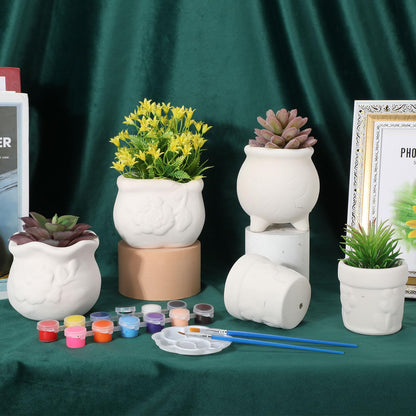Hushee 12 Pcs Ceramic Succulent Planters White Ceramic Pots Paintable Succulent Plant Planters Containers Small DIY Figurines Unpainted Pots with Drainage Hole Paintbrushes Palettes(Flower)