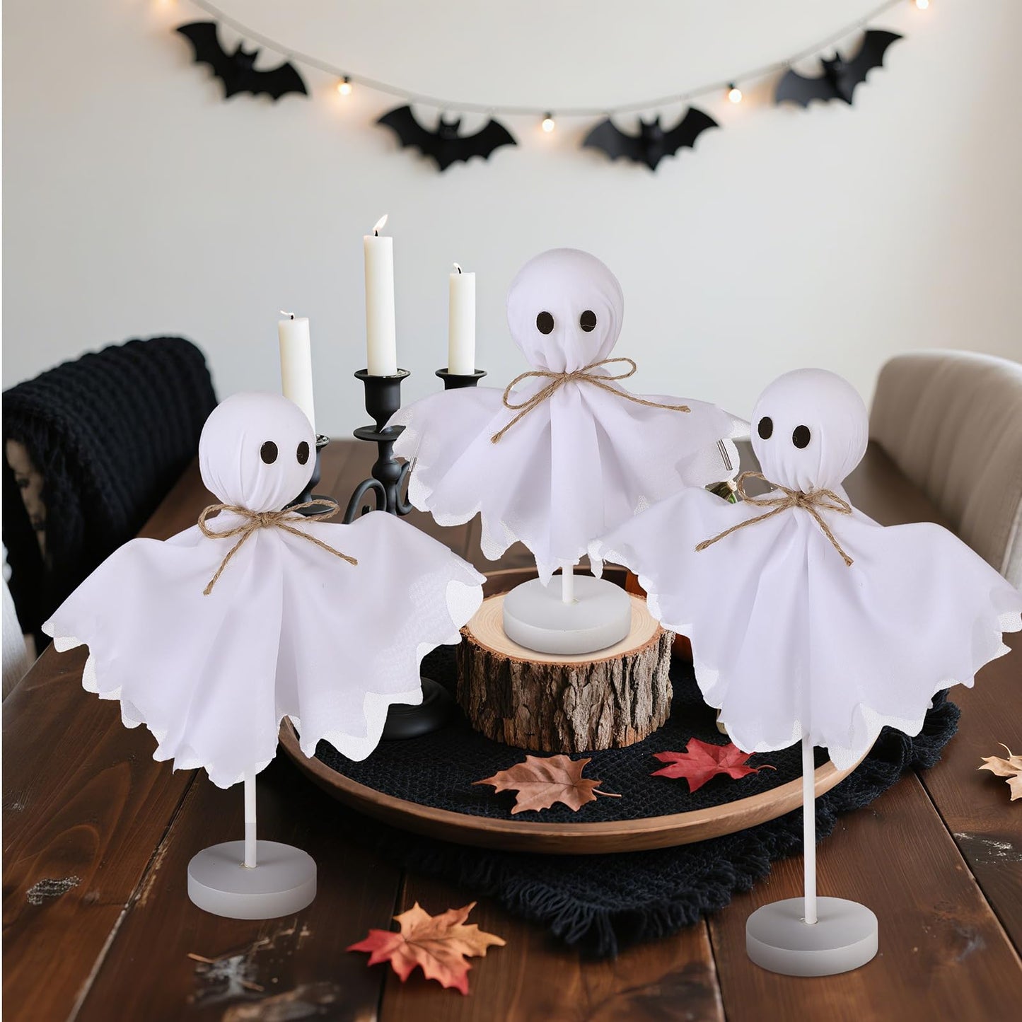 Yousoontic Ghosts Decorations Indoor Set of 3 Primitive Ghosts on Wooden Stand Farmhouse Rustic Table Decor Ghost Stand for Centerpieces Shelves Mantels Tiered Trays Home