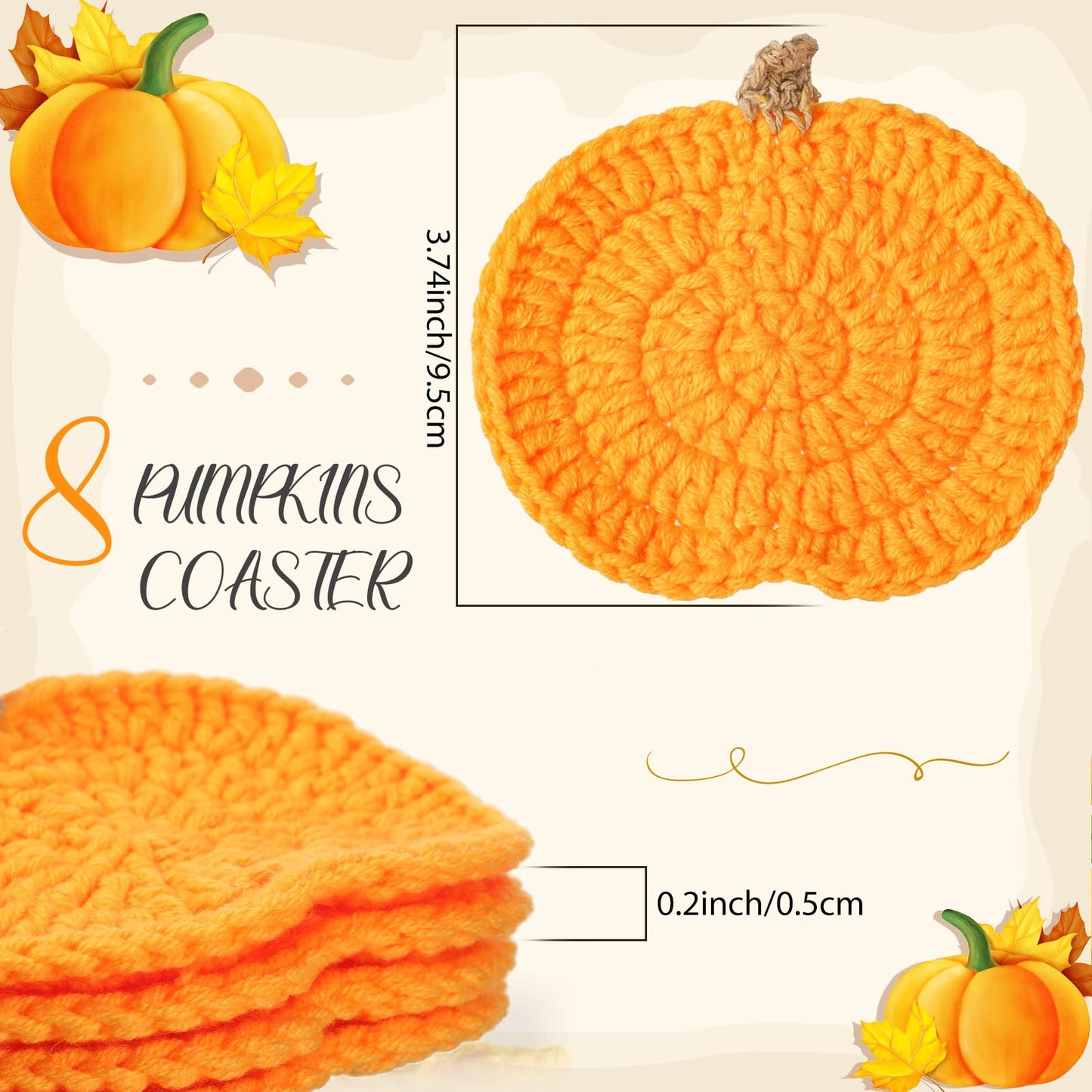 8 Pcs Crochet Pumpkins Coaster Handmade Knitted Drink Coaster Set Autumn Drink Cup Pad Mats Absorbent Bottle Mug Place Mats for Table Protection Fall Halloween Thanksgiving Themed Party Decoration