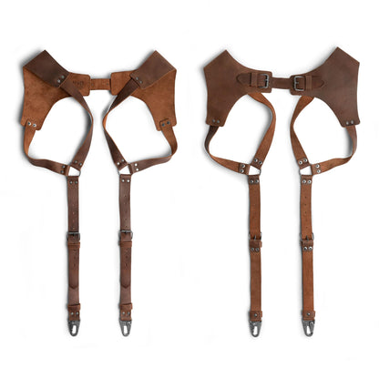 Hide & Drink Renaissance Suspenders for Men, Heavy Duty Mens Leather Suspenders, Western, Steampunk Style, Hipster, Ideal for Dress Pants Jeans Wedding Groomsmen, Brown Leather Back Support Harness