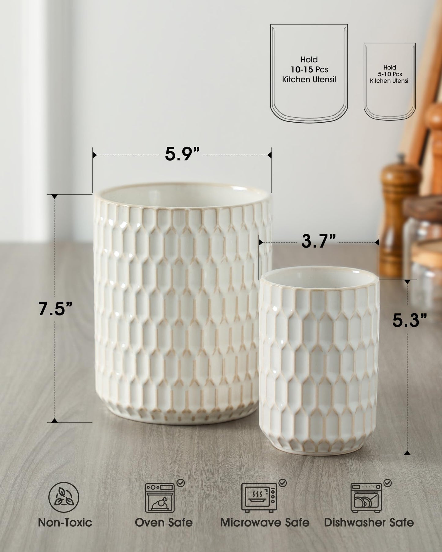 ArteBake Utensil Holder Set of 2, Large & Small Ceramic Utensil Holder for Kitchen Countertop, Farmhouse Kitchen Decor, Thick Durable Utensil Crock Organizer, Beige