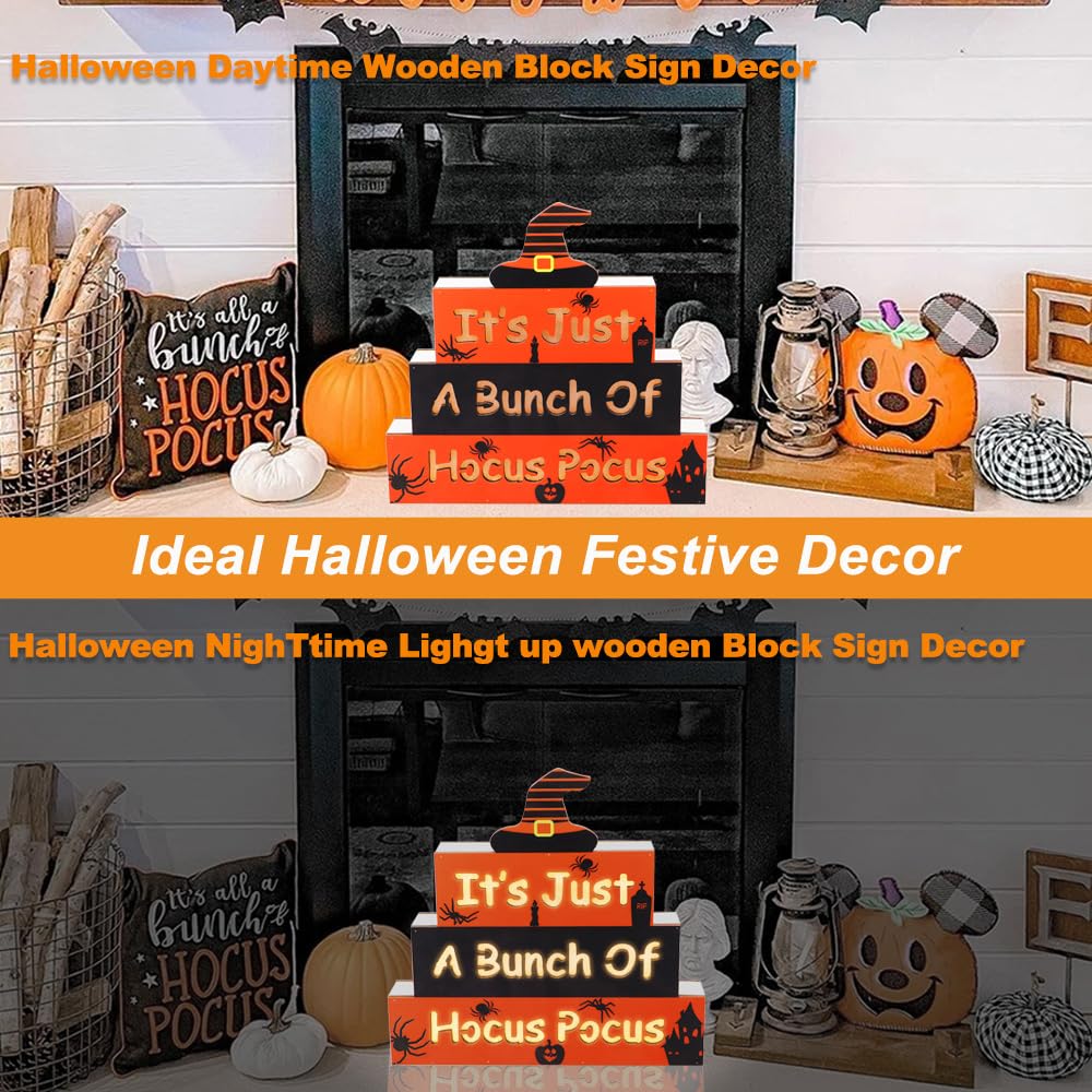 GOSUOA Halloween Wooden Block Sign with Led Lights Letters,Halloween Decorations Indoor,Halloween table decor,Battery Operated Halloween Party Decorations for Mantels, Tiered Trays, Shelves