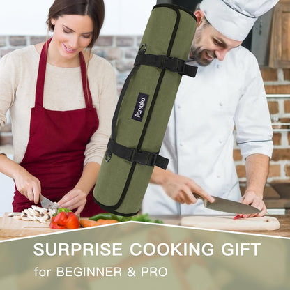 Parsuko Chef Knife Roll Bag,Waterproof Waxed Canvas Knife Case Holds,Knives Roll Bags for Chefs Professional with Adjustable Strap,Chef Backpack with 10 Knife Slots and a Large Zippered Pocket