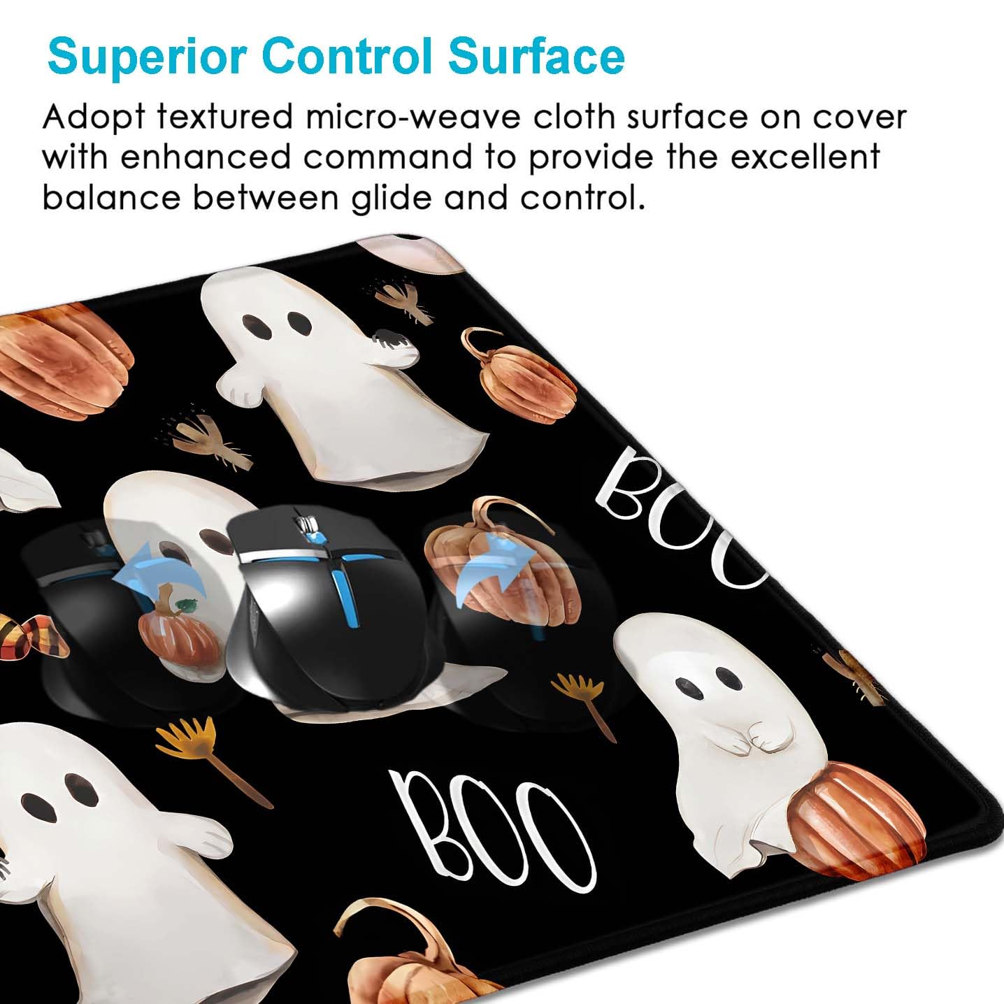 HUOCAIREN Boo Happy Halloween Large Mouse Pad, Cute Ghosts Black Desk Pad, Ripe Pumpkins Desk Mat, Computer Gaming Mouse Pad, Non-Slip Mousepad Playmat with Stitched Edges for Gamer Home & Office