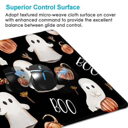 HUOCAIREN Boo Happy Halloween Large Mouse Pad, Cute Ghosts Black Desk Pad, Ripe Pumpkins Desk Mat, Computer Gaming Mouse Pad, Non-Slip Mousepad Playmat with Stitched Edges for Gamer Home & Office