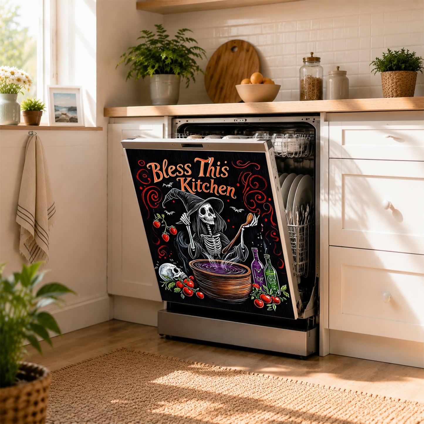 Dishwasher Magnet Cover Flower, Halloween Witches Magnetic Dishwasher Covers Decorative for The Front Panel, Refrigerator Magnets Decorative Cover Sticker Decal Kitchen Decor 23x26 Inch
