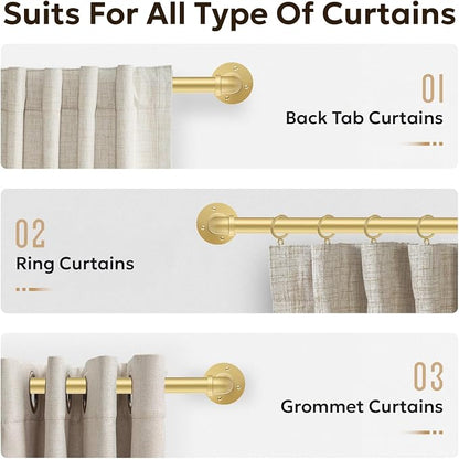Zeerobee Curtain Rods for Windows 66 to 120, 1 Inch Industrial Wrap Around Gold Curtain Rod, Indoor/Outdoor Room Divider Adjustable Drapery Pole, 66"-120"
