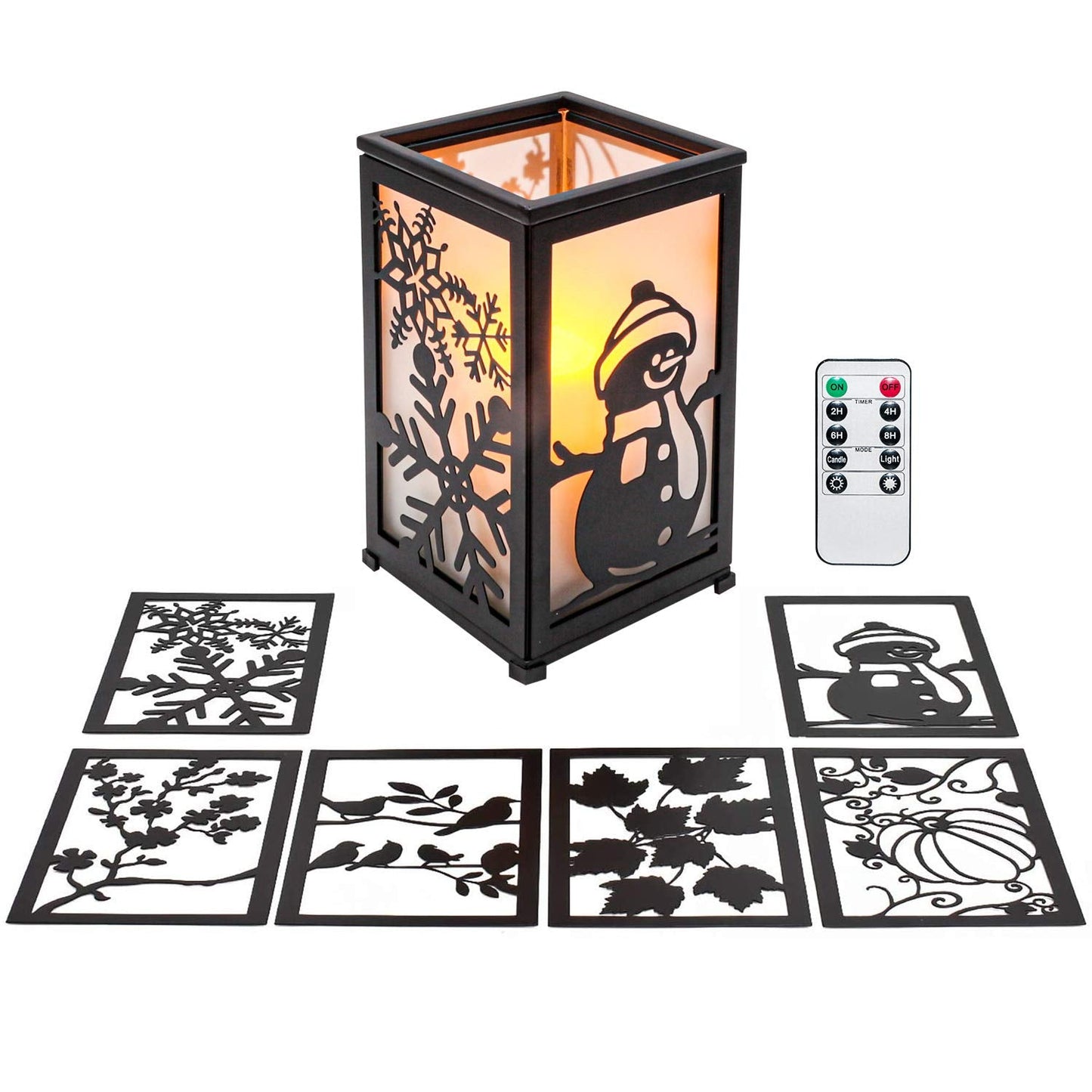 GiveU Decorative Led Candle Lantern with Timer Rustic Candle Lantern with Twelve Magnetic Seasonal Themed Panels ,5 x 5 x 8.5" Black