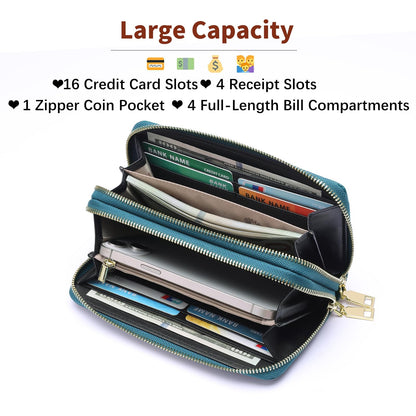 GOIACII Women's Wallet Large Capacity Double Zip Around Credit Card Holder Leather Ladies Wallet with RFID Blocking Phone Wristlet Purse Teal