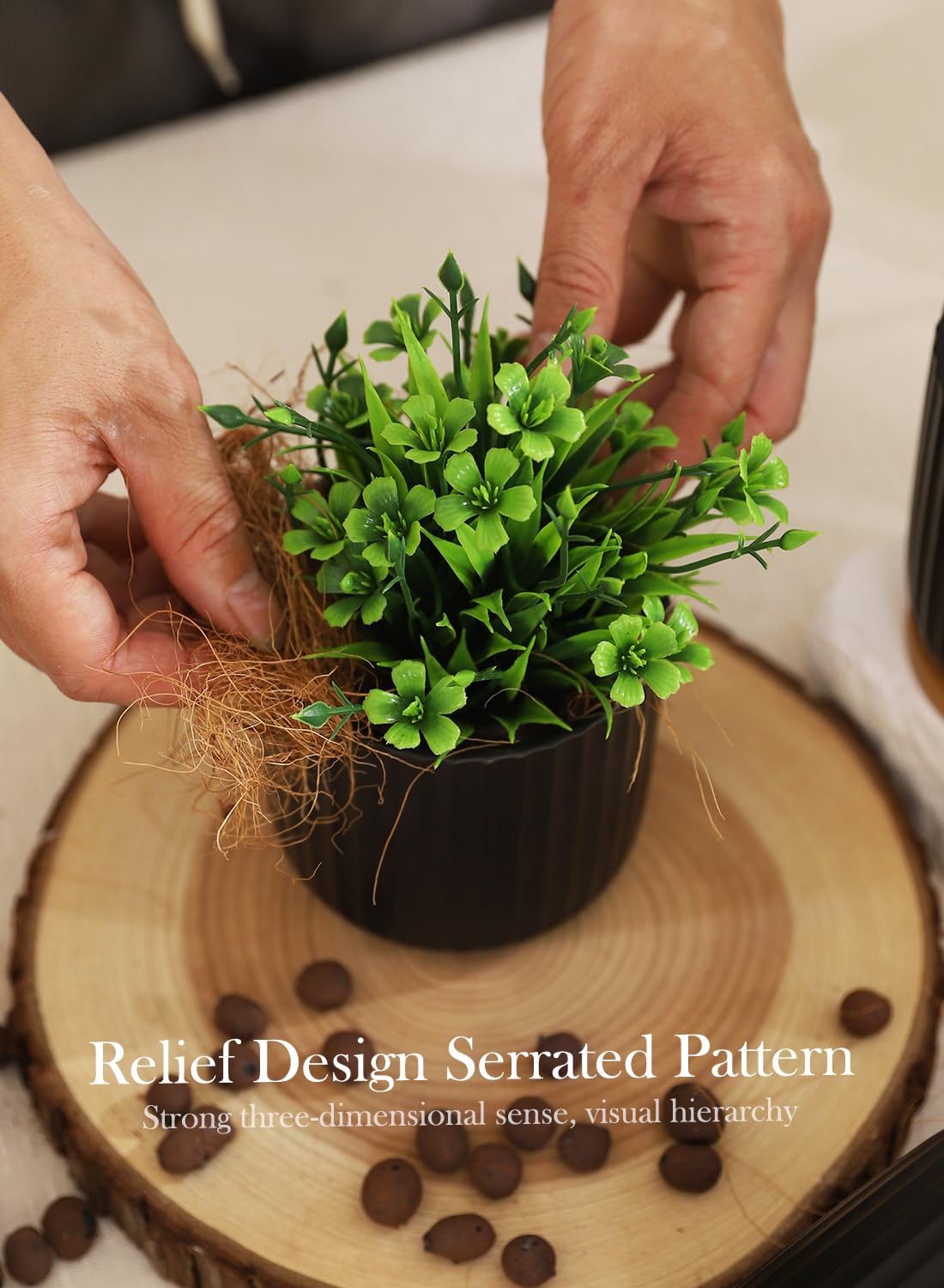 OMAYKEY 4 Inch Ceramic Plant Pot with Saucer, Small Planters Pots with Drainage Hole and Mesh Pads for Succulent, Cactus, Herbs, Stripe Pure Black