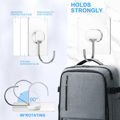 JINSHUNFA Adhesive Wall Hooks 13LB Heavy Duty No Drill Large Transparent Waterproof Hooks for Bathroom Kitchen Towel Coat 8 Pack
