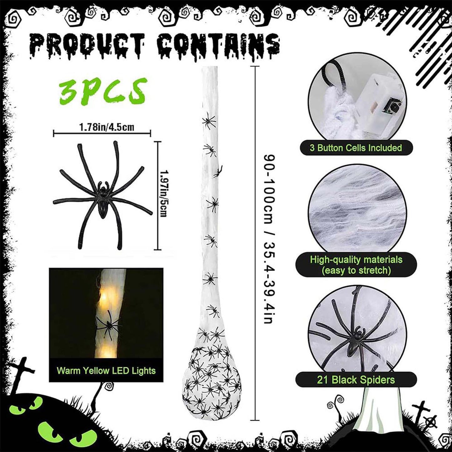 Vurlexat 3 Pack Halloween Spider Egg Sacs, 39 Inch Hanging Light Up Spider Egg Decoration, Halloween Spiders Webs Decor for Halloweens Props Party Gifts, Yard Garden Tree House Décor(Warm Light)
