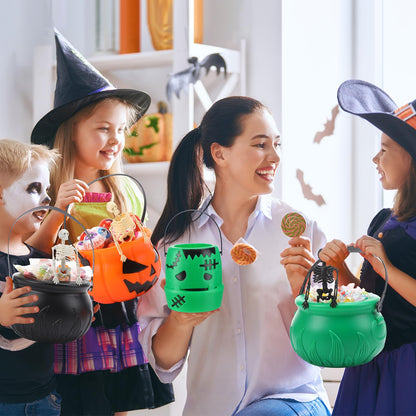 Capoda 12 Pcs Halloween Cauldrons Serving Bowl Decor Set Include 3 Plastic Witch Cauldrons Rack and 6 Mini Halloween Candy Bucket Punch Bowls and 3 Skeletons for Home Decor Witch Party Supplies