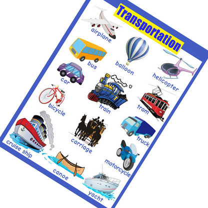 SANTSUN 2 Pcs of Set Educational Preschool Poster for Toddlers and Kids|Great for Nursery Homeschool Kind Classroom decorations|School Wall Decor- Transportation,Body Parts (17x24in)