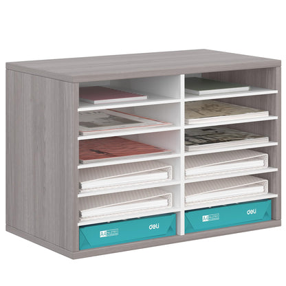 EasyPAG 12 Compartments Wooden Literature Organizer with Adjustable Shelves, 6000 Sheets Capacity Paper Organizer, Classroom Mailbox and Mail Sorter for Teachers and Office, Retro Gray/White