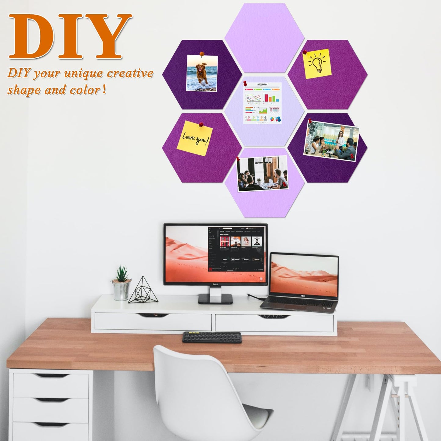 HULAVO Large Hexagon Felt Cork Board Tiles, Self Adhesive DIY Felt Bulletin Board Pin Board with 35 Pushpins for Office School Home Wall Decor Stickers Memos Photos Display(Gradual Purple)
