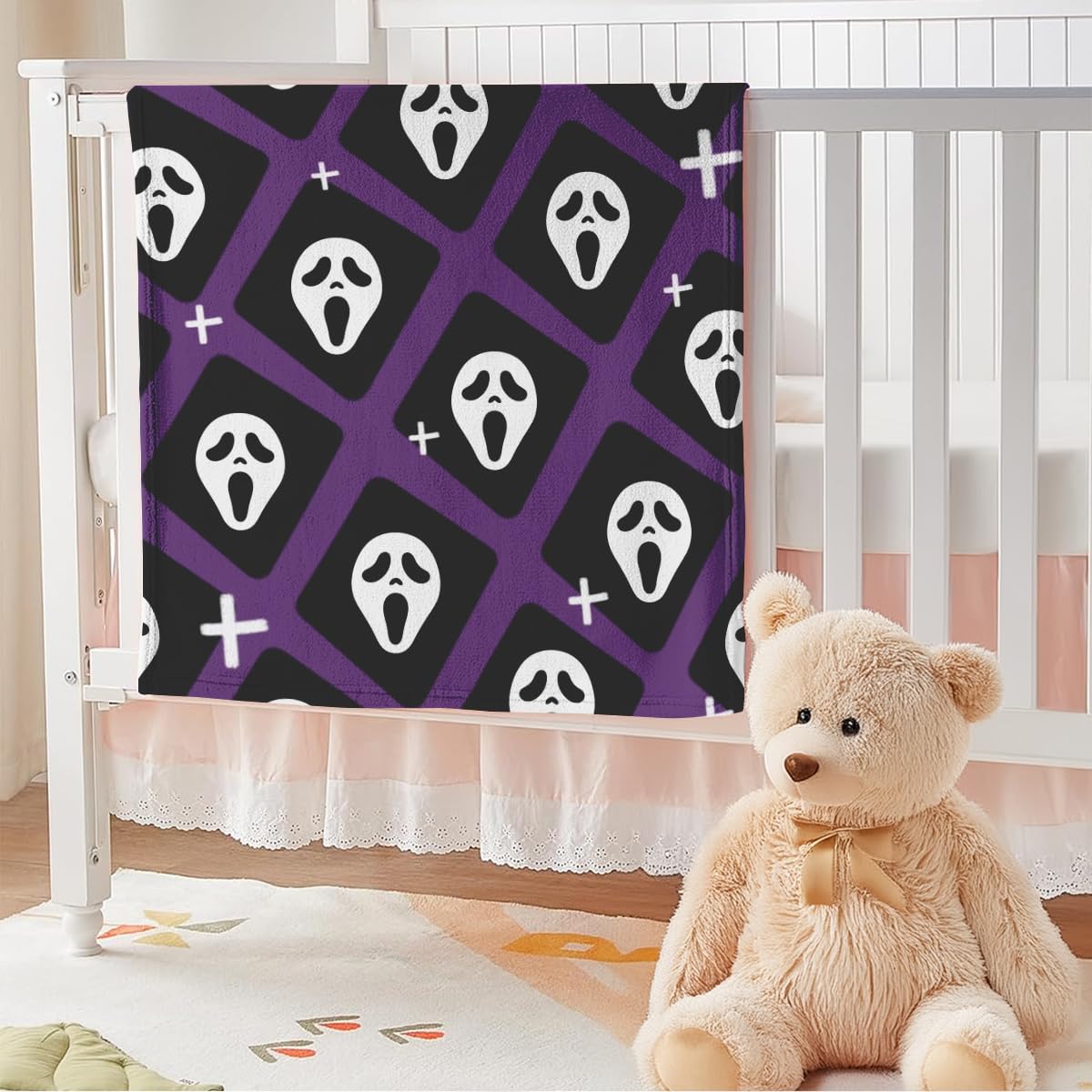 Halloween Spooky Face Blanket, Purple and Black, Soft Ghost Throw for Travel, Office, Home (60" x 50")