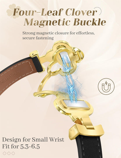 MOINSPIRE Designer Slim Leather Bands Compatible with Apple Watch 38mm 40mm 41mm 42mm(S11/10)for Women, Four-Leaf Clover Cute Dressy Magnetic Watch Bands for iwatch Series Ultra/SE11/9/8/7/6/5/4/3/2/1