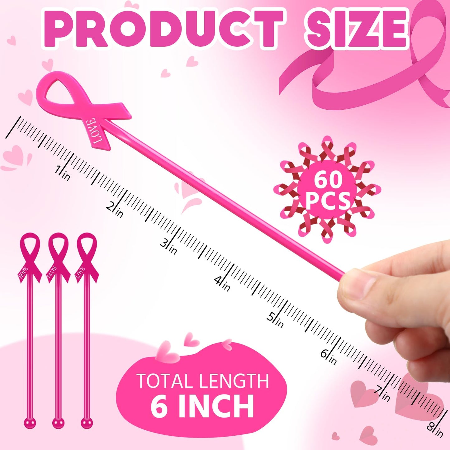 Chengu 90 Pcs Breast Cancer Awareness Drink Stirrers 6 Inch Pink Ribbon Plastic Cocktail Swizzle Sticks Coffee Whiskey Beverage Stirrers for Breast Cancer Awareness Party Decorations
