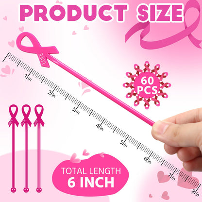 Chengu 90 Pcs Breast Cancer Awareness Drink Stirrers 6 Inch Pink Ribbon Plastic Cocktail Swizzle Sticks Coffee Whiskey Beverage Stirrers for Breast Cancer Awareness Party Decorations