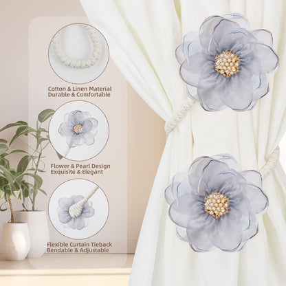 AULEEP 2 Pack Flower Curtain Tiebacks, No Drill Curtain Tie Backs for Drapes, Premium Fabric Curtain Ties, Decorative Curtain Hoodbacks for Home Living Room Bedroom Office, Light Gray