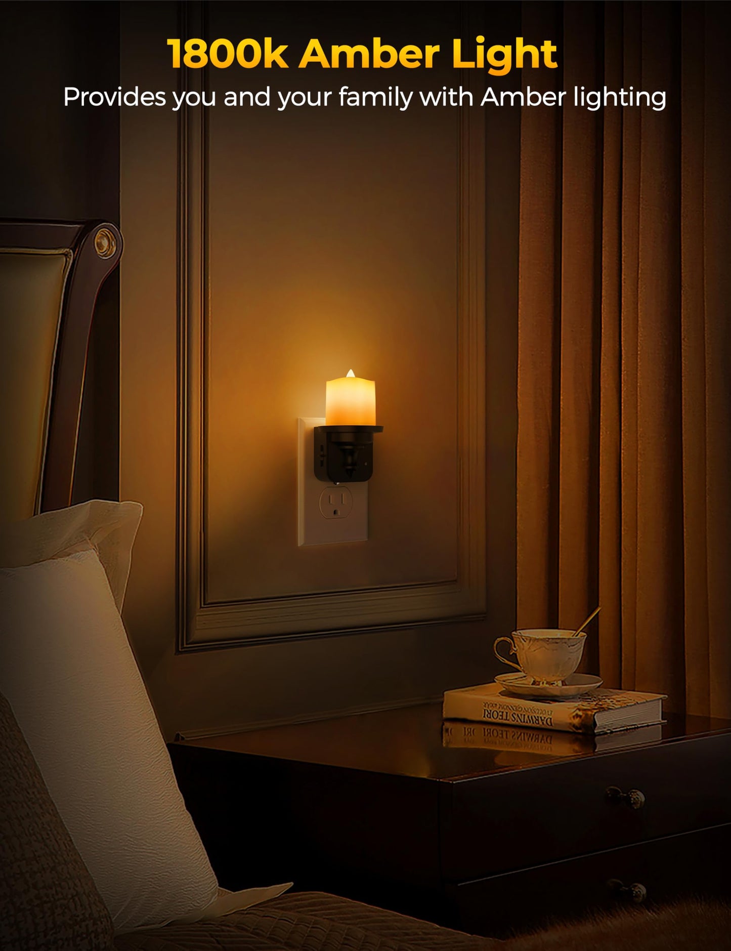 Briignite Flameless Candle Night Lights, Amber Plug-in 2 Pack, LED Candle with Light Sensor, 0-100LM Dimmable, Kids Hallway Bathroom Nightlight