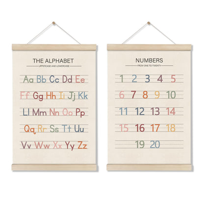 Alphabet Numbers Poster Hanger Frame Set of 2, Preschool Learning Posters, Educational Canvas Wall Art, Nursery Wall, Boho Montessori Classroom Decor, Toddler Room Decor for Boys Girls 16x12 Inch