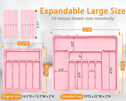 Homecor Silverware Organizer - Expandable Large Kitchen Drawer Organizer Utensil Organizer with 2 Removable Knife Blocks, 22"x 19"Cutlery Tray Drawer Dividers for Kitchen Flatware(6-9 Slots) (Black)