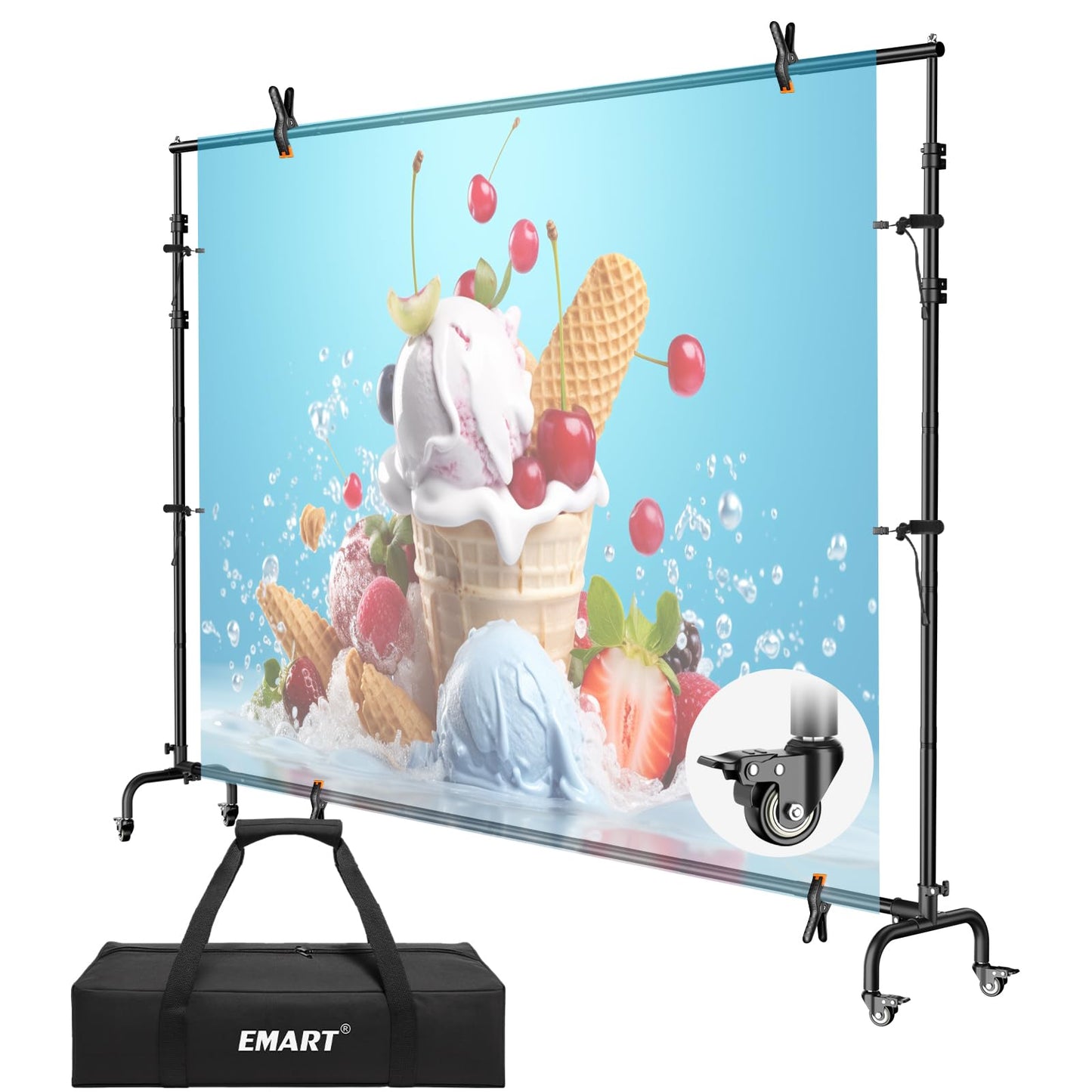 EMART 10x7.7ft Rolling Backdrop Stand with Wheels, Adjustable and Movable Photo Backdrop Banner Stand for Studio Photography, Wedding, Party Decoration, Video Recording, Events Decoration