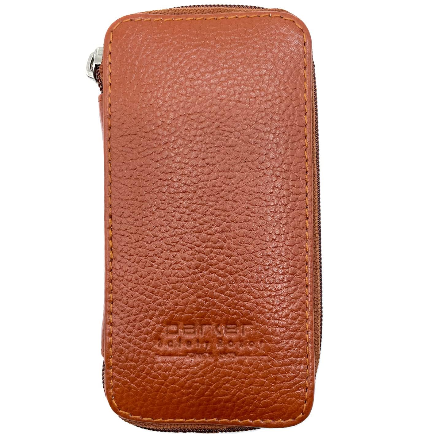 Parker Saddle‑Brown Leather Double Edge Safety Razor Case with Blade Compartment – Zip Travel Pouch