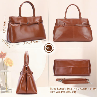 Masa Kawa Genuine Leather Tote Bag for Women with Long Strap, Waterproof Expandable Top-Handle Handbag, Shoulder Crossbody Bag for Daily Work, Caramel Brown