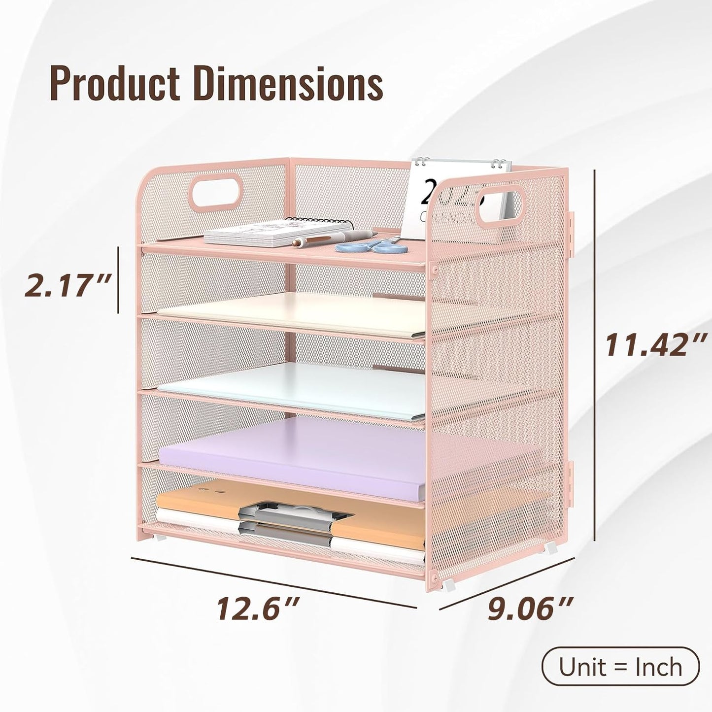 2 Pack 5-Tier Pink Desk Organizer with Handle Mesh Desk File/Paper Organizer Letter Tray for Office, School, Classroom and Home Easy Installation