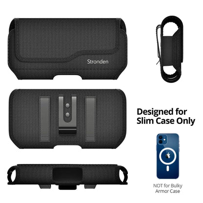 Stronden Magnetic Closure Holster for iPhone 17 Pro, 17e, 17, 16 Pro, 16, 16e, 15, 15 Pro, 14, 14 Pro, 13, 13 Pro, 12, 12 Pro - Military Grade Nylon Pouch with Metal Belt Clip & Loop (Fits Slim Case)