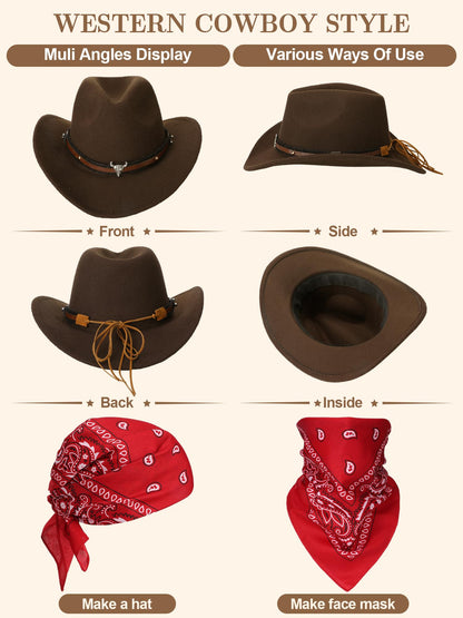 Toulite 4 Pcs Western Cowboy Accessories for Men Cowboy Hat Leather Rodeo Leather Necktie Cow Horn Belt Buckle Paisley Bandana for Western Outfit Halloween Cosplay