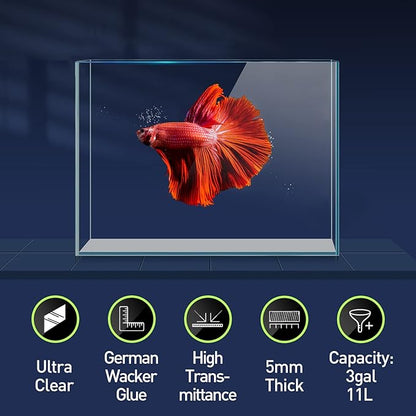 LAQUAL 3 Gallon Ultra Clear Glass Fish Tank, Rimless Low Iron Aquarium for Betta/Nano/Goldfish/Snail/Shrimp, Small Fish Tank with Fish Net & Cleaning Tools