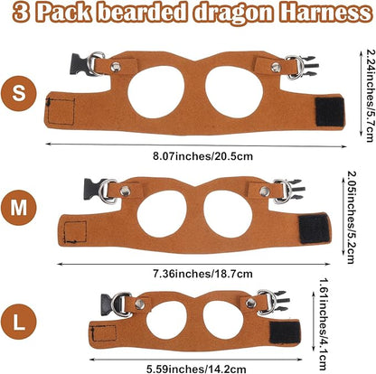 4 PCS Harness and Leash Set, Adjustable Soft Leather Bearded Dragon Leash and Harness Set for Small Animals, Reptiles, Squirrels, Rats (Brown, Black, Silver)