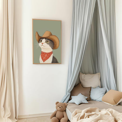 Nursery Poster Cute Animal Picture Funny Animal Wall Art Vintage Cowboy Cat Wall Art 16x24Inch Unframed Whimsical Cowboy Cat Pet Portrait Poster for BedRoom Living Room Boy Girl Kid Children's Bedroom