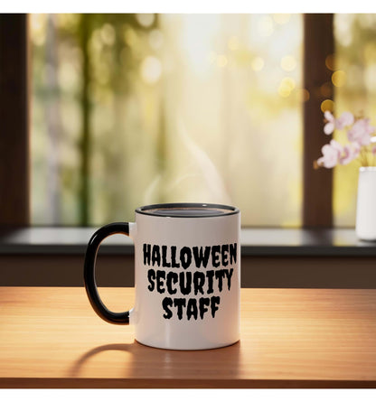 Halloween Security Staff Pumpkin Patch Hay Ride Man Woman Ceramic Mug, Black/White